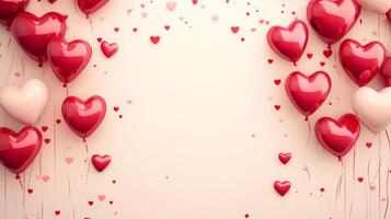 A collection of red and pink heart-shaped balloons fill the space, floating against a light backdrop. Small heart confetti adds a playful touch, perfect for a romantic occasion or celebration. photo