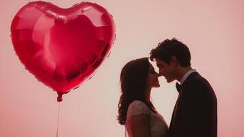A couple stands close together, their silhouettes highlighted against a soft pink sunset. They share an intimate moment while holding a large heart-shaped balloon, symbolizing love and affection. photo