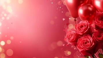 Bright red roses and balloons fill the scene, creating a festive atmosphere perfect for a romantic celebration. The background features soft, glowing lights and heart shapes, enhancing the mood. photo