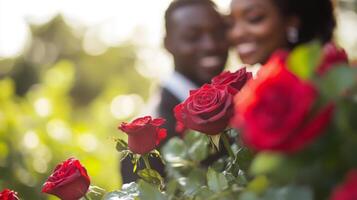 A couple shares a joyful moment in a garden filled with red roses. The romantic atmosphere is enhanced by the vibrant blooms, symbolizing love and passion, while they smile brightly at each other. photo