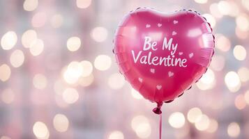 A vibrant heart-shaped balloon displays the message Be My Valentine against a backdrop of soft glowing lights. It symbolizes love and affection, perfect for romance on Valentine's Day. photo