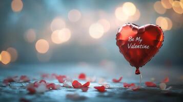 A shiny red heart-shaped balloon reads Be My Valentine, beautifully placed among petals on a soft surface. The warm, blurred background creates a romantic atmosphere perfect for special occasions. photo