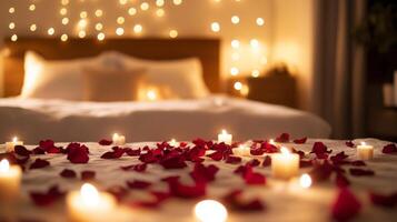 Soft candlelight fills the cozy bedroom, highlighting a bed adorned with white linens. Rose petals create a romantic touch scattered across the surface, while fairy lights twinkle in the background. photo