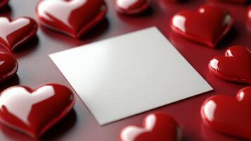 A collection of glossy red hearts encircles a blank square card placed on a rich maroon background. photo