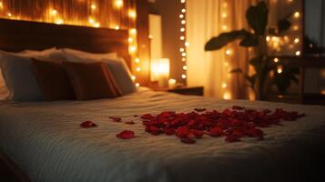 A cozy bedroom features a neatly made bed adorned with rose petals, surrounded by warm lighting. Soft textures and a serene atmosphere create an inviting space for relaxation or romance. photo