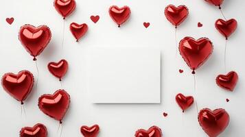 Heart-shaped balloons in vibrant red float against a plain background, creating a festive and romantic atmosphere. photo