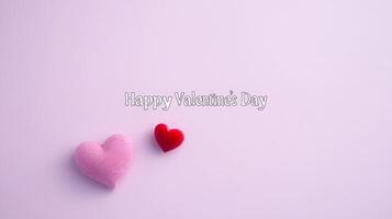 Soft pastel background features two felt heart shapes, one pink and one red, accompanied by the cheerful text wishing a happy Valentine's Day, capturing the spirit of affection and celebration. photo