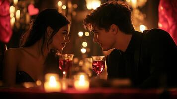 Two young individuals are seated at a beautifully decorated table filled with candles and soft lighting. Their eyes lock as they share a tender moment over drinks, creating an intimate atmosphere. photo