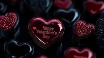 A collection of heart-shaped chocolates in various textures and shades of red. One prominently features the message Happy Valentine's Day, perfect for expressing love on this special occasion. photo
