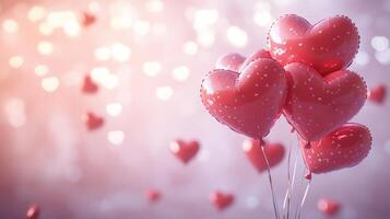 Heart-shaped balloons in vibrant red float gently, adorned with white polka dots, creating a romantic atmosphere. The soft pink background enhances the festive feeling of love and celebration. photo
