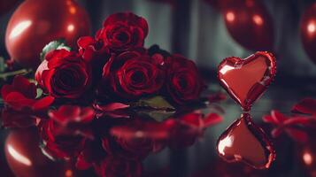 A collection of deep red roses and heart-shaped candy creates a romantic atmosphere. Soft reflections on a shiny surface enhance the sentiment, ideal for celebrations of love. photo