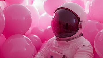 An astronaut dressed in a pink suit explores a fun space filled with soft pink balloons. The vibrant atmosphere creates a playful contrast with the astronaut's gear, evoking a sense of wonder. photo