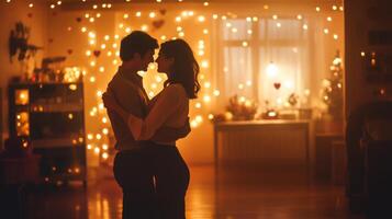A couple embraces closely in a softly lit room filled with warm lights and romantic decorations. The cozy atmosphere enhances their connection while they share a moment of affection and closeness. photo