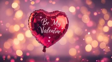 A red heart-shaped balloon features the phrase Be My Valentine in white text, surrounded by a vibrant, soft-focus background of shimmering bokeh lights, creating a romantic atmosphere. photo