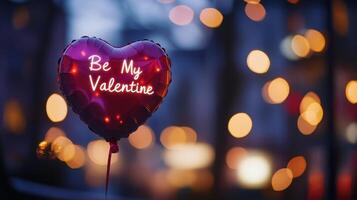 A heart-shaped balloon displays the message Be My Valentine, floating against a backdrop of twinkling lights. The enchanting atmosphere suggests a celebration of love on a chilly evening. photo