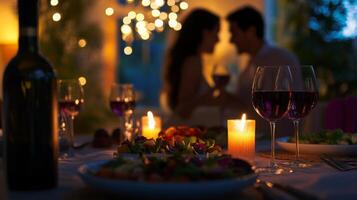 A couple enjoys a romantic dinner, surrounded by soft candlelight and decorative string lights. Tables are set with delicious food and glasses of red wine, creating an intimate atmosphere. photo
