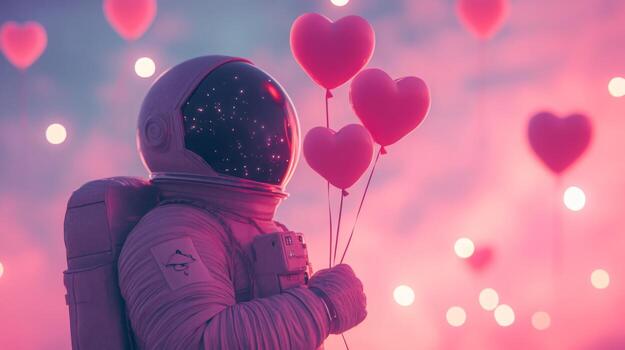 An astronaut stands in a whimsical, colorful background filled with floating hearts. The scene blends elements of space and romance, conveying a sense of joy and wonder in an otherworldly setting. photo