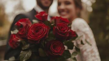 A couple stands together in a picturesque outdoor location, smiling and embracing, while one partner holds a bouquet of vibrant red roses. The serene backdrop adds to the romance. photo