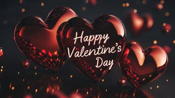 Romantic red hearts shimmer against a dark background, capturing the essence of Valentine's Day. The festive message celebrates love and affection, making it perfect for the holiday. photo