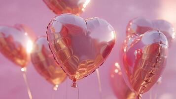 Shimmering heart-shaped balloons in rose gold sway softly against a pink background, creating a cheerful atmosphere perfect for romantic occasions or celebrations. photo