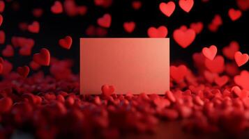 Red heart-shaped decorations fill the background, creating a romantic setting. A blank card sits prominently in the center, inviting personal messages for special occasions like Valentine Day. photo