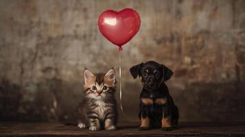 A playful kitten and a small puppy are positioned beside each other, both gazing at the viewer. photo