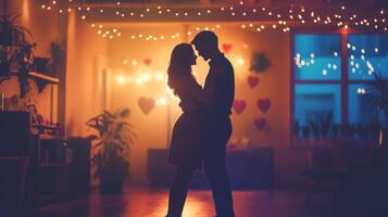 Two people stand close together, silhouetted against a backdrop of warm lights and heart decorations. The cozy environment suggests a celebration of love, creating a magical atmosphere. photo