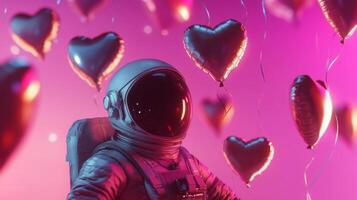 An astronaut drifts through a vibrant cosmic backdrop filled with shiny heart-shaped balloons. photo