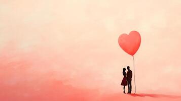 A couple stands closely together, gazing into each other's eyes, while holding a large red heart-shaped balloon. The soft background features shades of pink, enhancing the romantic atmosphere. photo