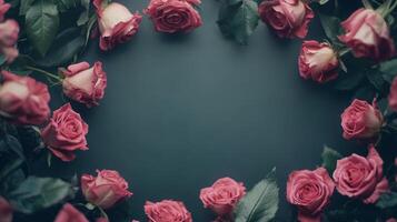 A circular arrangement of pink roses on a dark surface creates a heart shape, ideal for expressing love. The delicate petals and vibrant hues enhance any romantic setting or celebration. photo