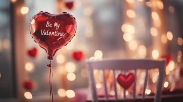 An inviting and romantic space features a red heart balloon that reads Be My Valentine. photo