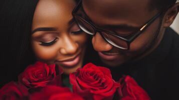 A couple enjoys an intimate moment while holding vibrant red roses together. They gazes lovingly into each other's eyes, highlighting their affection and connection during a beautiful sunset. photo