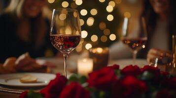 A beautifully arranged table adorned with red roses and elegant wine glasses filled with rose. Soft lights create a warm atmosphere, perfect for a romantic dinner shared among friends or loved ones. photo