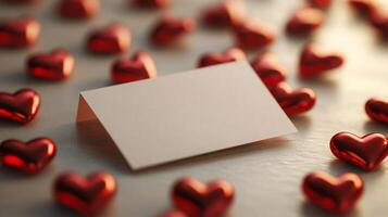 A blank card rests among numerous glossy red hearts, creating a romantic and festive atmosphere suitable for love notes, invitations, or heartfelt messages. The setting exudes warmth and charm. photo