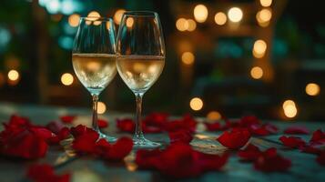 Two glasses of sparkling wine sit elegantly on a table scattered with red rose petals. Soft lights twinkle in the background, creating a warm, intimate atmosphere perfect for romance. photo