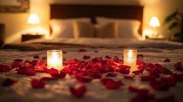 Soft candlelight illuminates a cozy bedroom adorned with rose petals scattered across a neatly made bed. The warm ambiance creates an inviting atmosphere for a romantic evening. photo