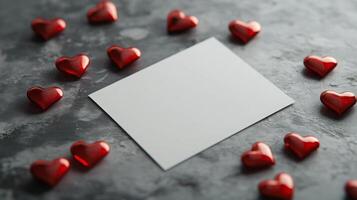 A blank card is placed in the center, surrounded by shiny red heart-shaped decorations. This setup creates a romantic atmosphere ideal for special occasions like Valentine's Day or anniversaries. photo