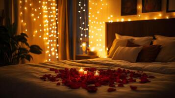 A cozy bedroom features a bed adorned with white linens. Surrounding the space are glowing string lights and rose petals arranged around flickering candles, creating a warm and intimate atmosphere. photo