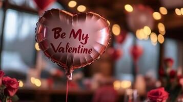 A heart-shaped balloon with the message Be My Valentine is displayed prominently in a romantic dining setup. photo