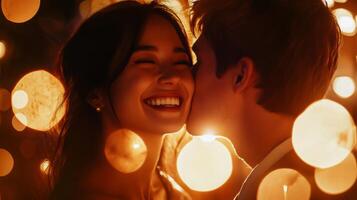 A joyful couple enjoys a special moment under softly glowing lights. The woman smiles brightly as the man leans in to kiss her cheek, creating a warm and intimate atmosphere at night. photo