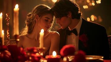 A couple shares an intimate moment during a romantic dinner surrounded by soft candlelight. The warm glow and elegant decor create an enchanting atmosphere, perfect for deep connections. photo