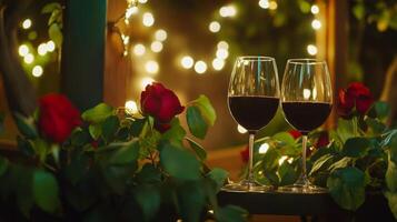 Two glasses filled with red wine rest on a table surrounded by vibrant red roses. Twinkling fairy lights create a warm atmosphere in an intimate garden, perfect for a romantic evening. photo