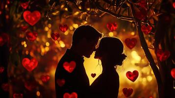 un Pareja se inclina en para un beso, su siluetas claramente definido en contra un fondo de calentar brillante ligero. corazón formas flotador alrededor a ellos, mejorando el romántico atmósfera durante puesta de sol. foto