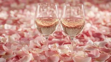 Two elegant glasses filled with sparkling beverage rest atop a soft layer of pink rose petals, creating a romantic atmosphere perfect for a celebration or special occasion. photo