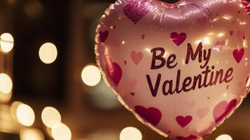 A heart-shaped balloon with the text Be My Valentine floats in a softly lit environment filled with twinkling fairy lights. This festive decoration enhances the romantic atmosphere for couples. photo