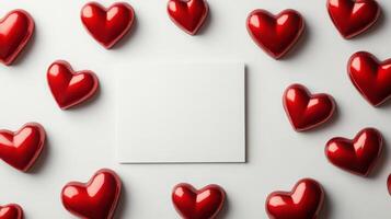 Bright red heart shapes are arranged around a blank square piece of paper. The scene evokes feelings of love and affection, suitable for romantic notes or special occasions. photo