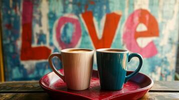 Two colorful coffee cups rest on a heart-shaped tray, showcasing the cozy atmosphere of a cafe. Behind them, a lively mural with the word love adds to the warm and inviting setting. photo