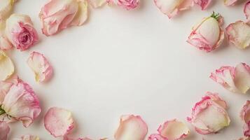 Delicate pink rose petals are arranged on a light surface, creating a charming and romantic setting. The gentle hues of the petals invite a tranquil and serene mood, perfect for special occasions. photo