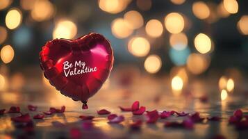 A heart-shaped balloon floats above scattered rose petals on a soft surface, illuminated by warm, glowing lights in the background. photo