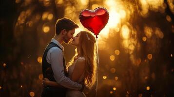 A couple engages in a tender kiss during sunset, surrounded by shimmering lights. One partner holds a heart-shaped balloon, adding to the romantic atmosphere as golden sunlight filters through trees. photo